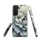 Black and white floral phone case featuring a soft, moody peony design by New Zealand artist Ben Hart.