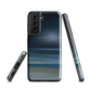 Dark abstract phone case with blue and grey streaks and glossy finish.