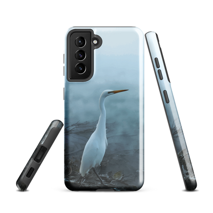 'White Heron in the mist' Samsung Galaxy S21 tough phone case - protective glossy case NZ Australia
