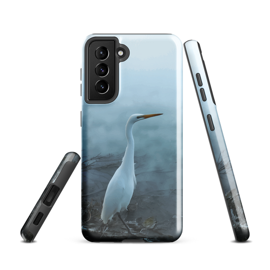 'White Heron in the mist' Samsung Galaxy S21 tough phone case - protective glossy case NZ Australia