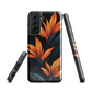 Phone case with bold orange bird of paradise flowers on dark background.