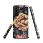 Phone case with vintage-style pink roses and bees on dark background, floral New Zealand artwork.