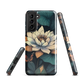 Phone case with ivory water lily, green leaves, and butterfly accents on dark background