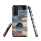 Phone case with Cathedral Cove beach and sunset scene, featuring soft skies and sea stack, by NZ artist Ben Hart.