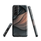 Phone case with flowing abstract design in black, copper and charcoal tones, inspired by dusk shadows