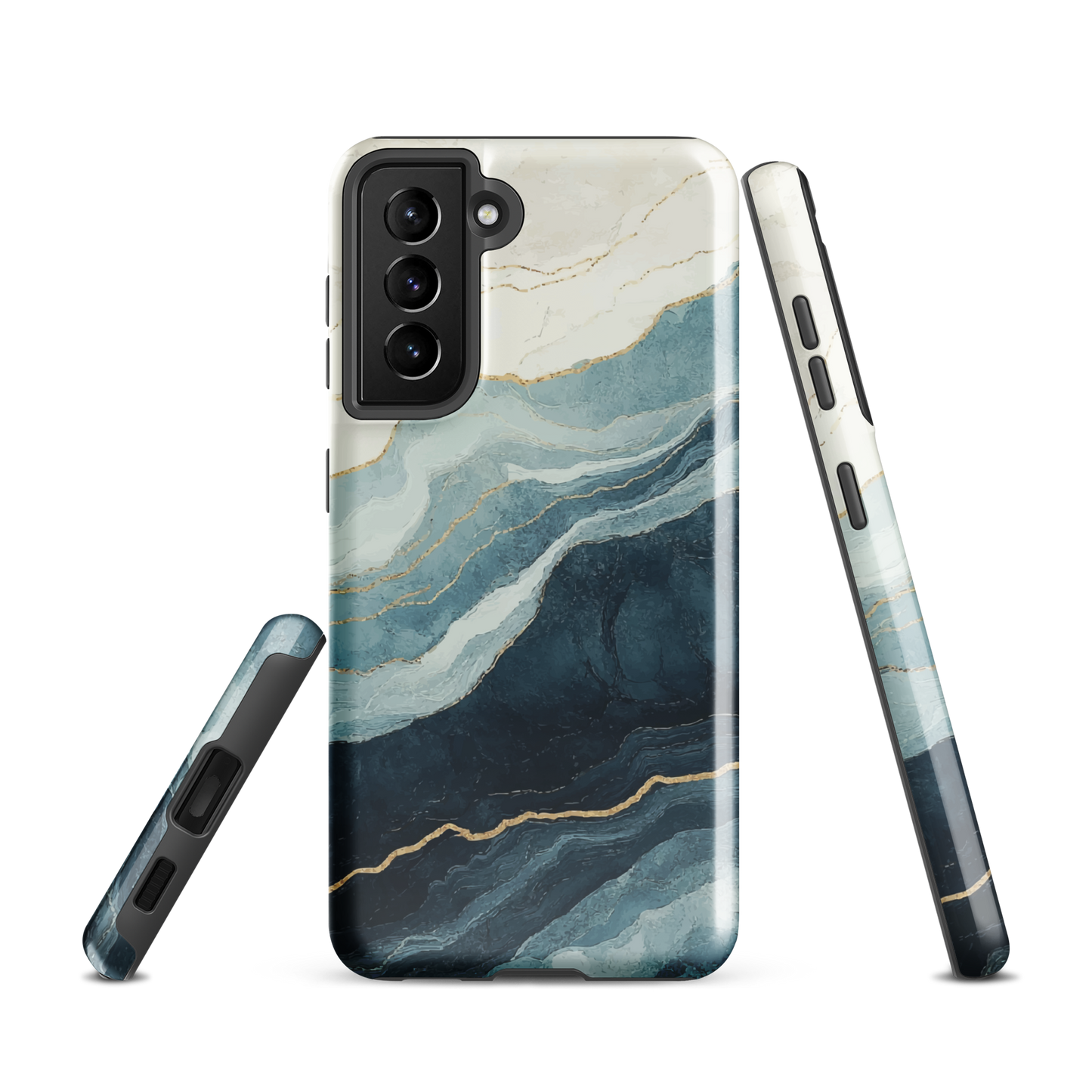 An elegant abstract phone case inspired by layered coastal forms in blue and teal tones.