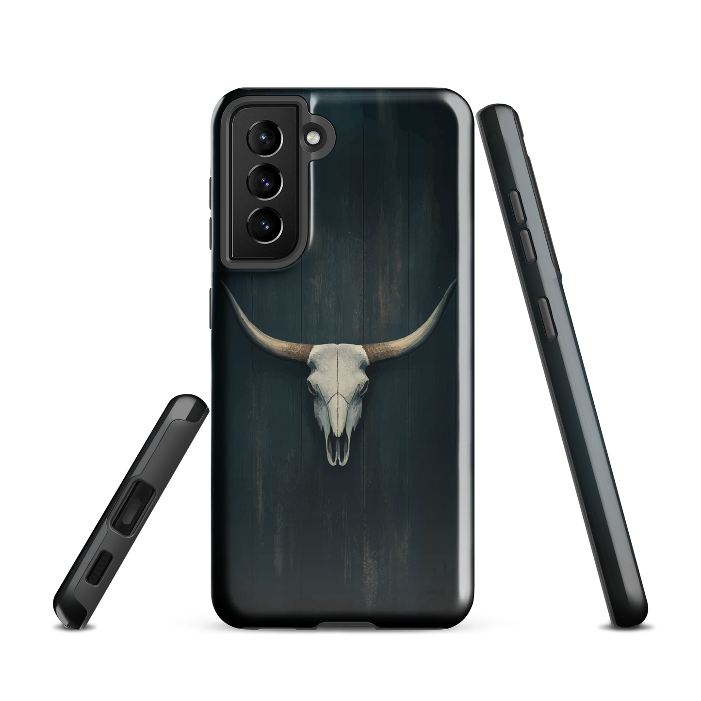 Longhorn skull set against a dark, textured backdrop - protective phone case.