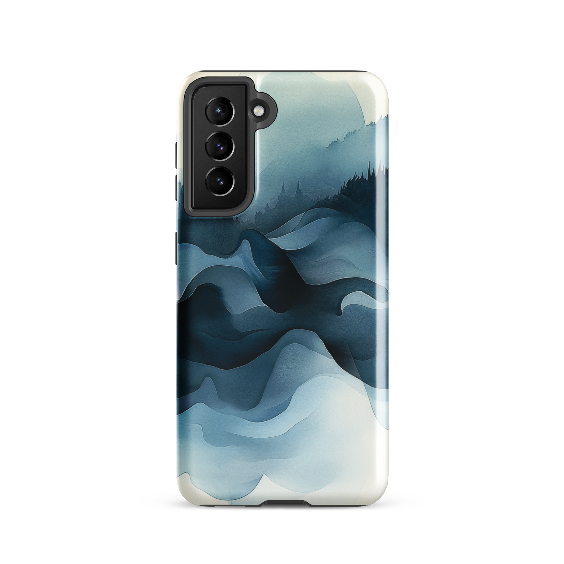 A calming abstract landscape phone case inspired by quiet valleys and soft blue tones.