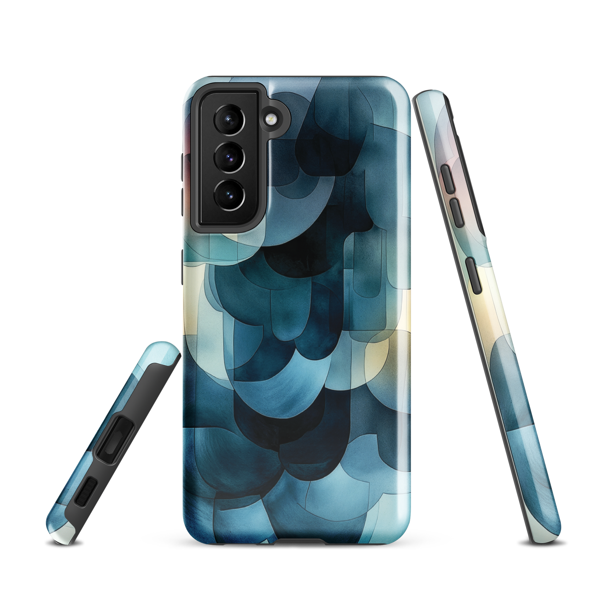 A modern abstract phone case featuring layered blue forms and soft flowing shapes.