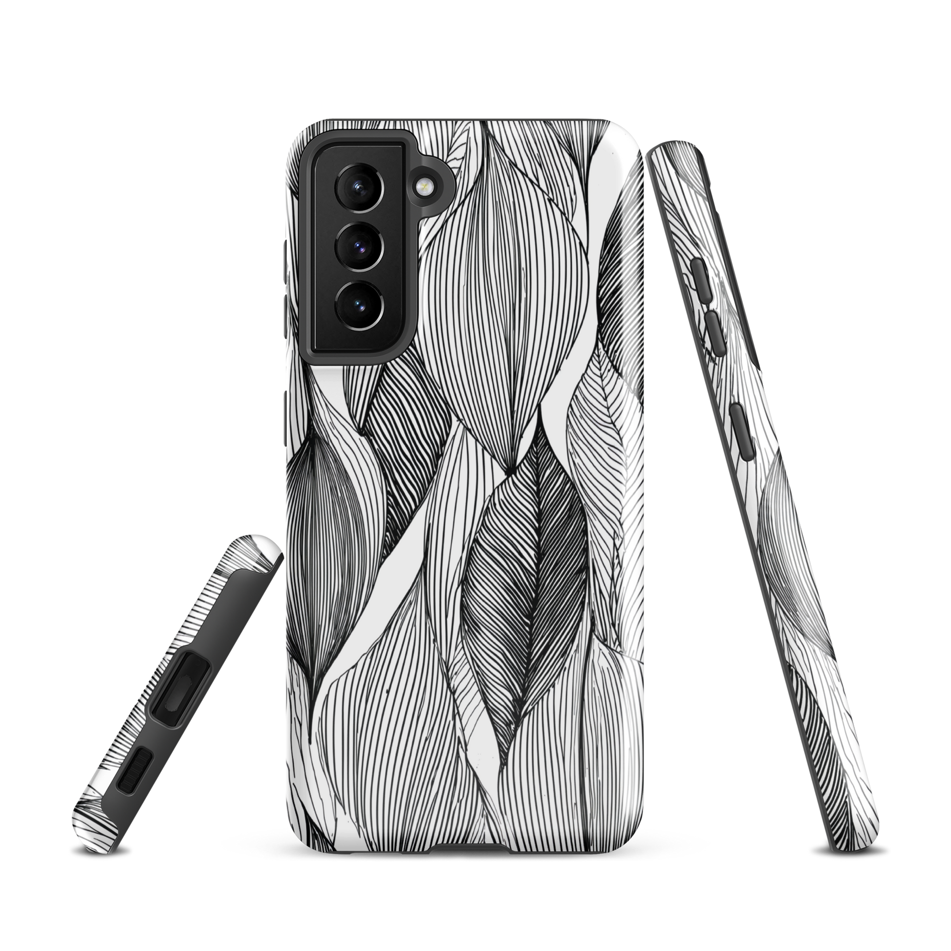 A minimalist phone case featuring fine black botanical linework in a repeating leaf pattern.