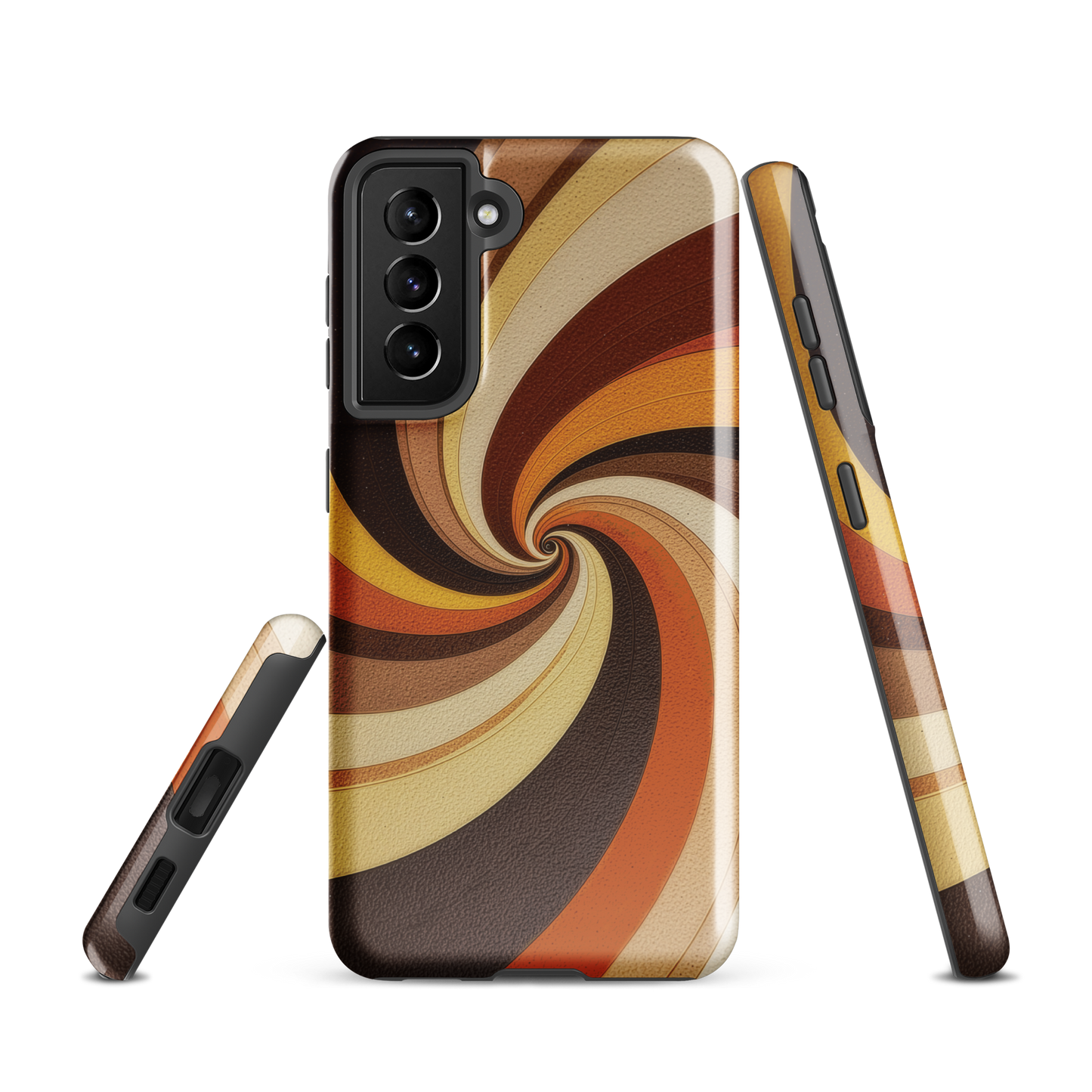 A retro-inspired phone case featuring warm swirling patterns in orange, yellow, and brown tones.