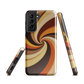 A retro-inspired phone case featuring warm swirling patterns in orange, yellow, and brown tones.