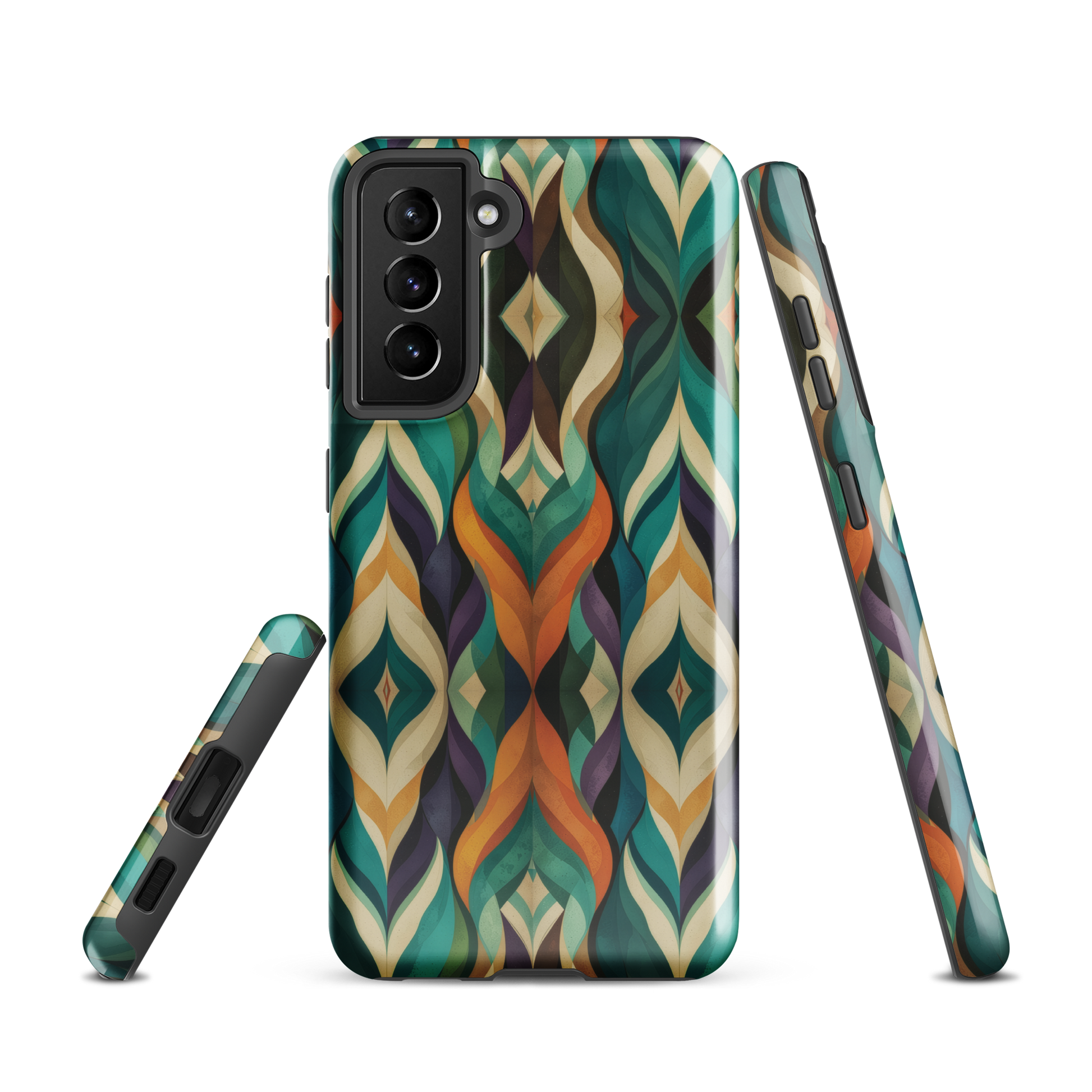 A bold geometric phone case featuring layered shapes in rich, earthy tones.