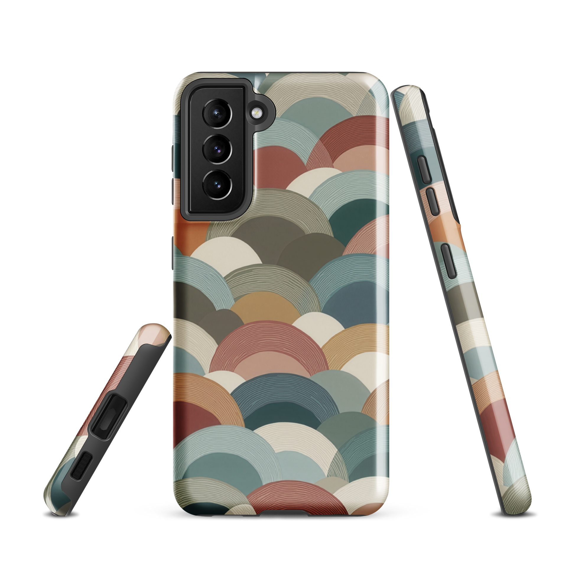 A soft retro-inspired phone case featuring layered arc shapes in warm, earthy tones.