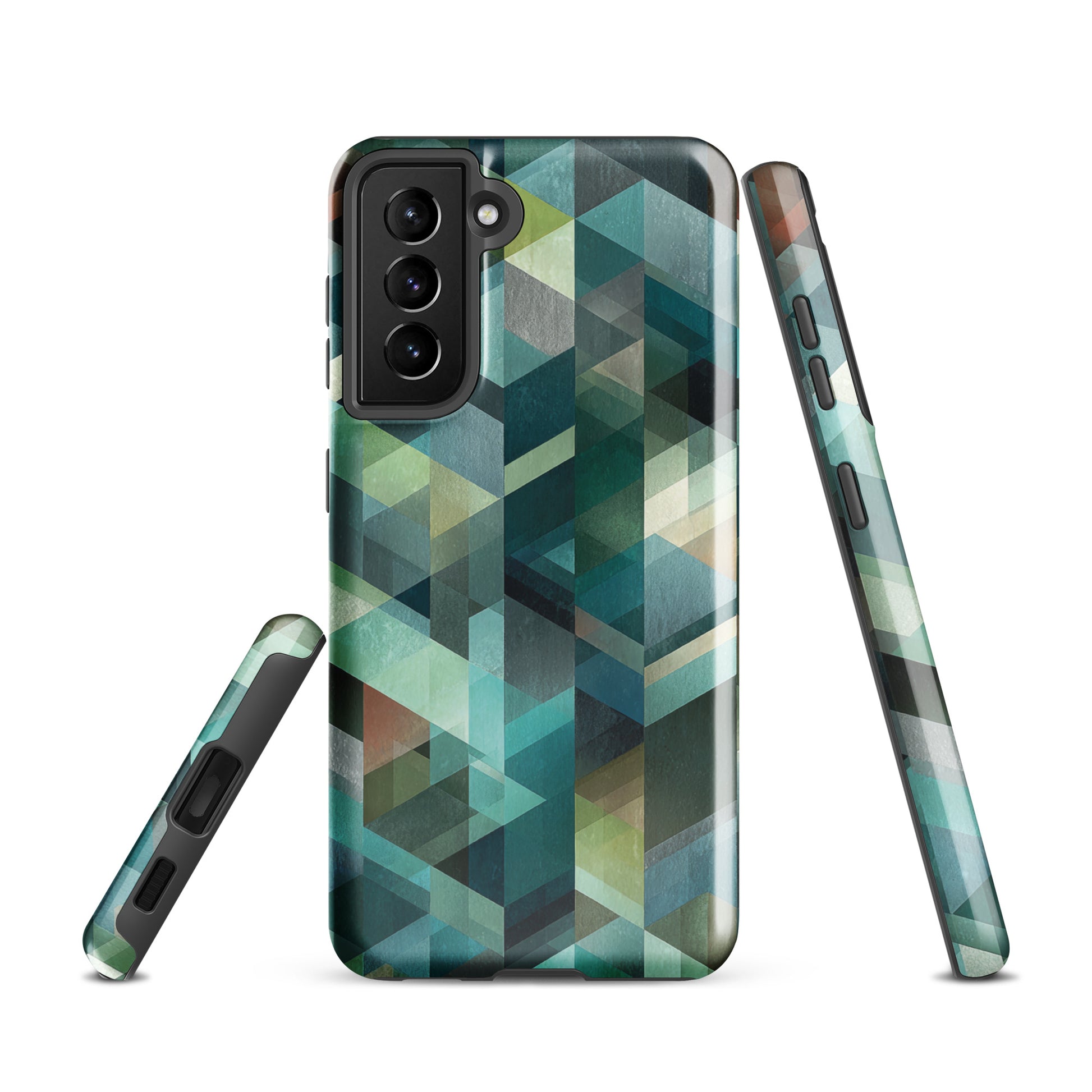 Modern abstract geometric phone case in teal and blue tones with layered retro-inspired shapes.