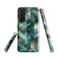 Modern abstract geometric phone case in teal and blue tones with layered retro-inspired shapes.