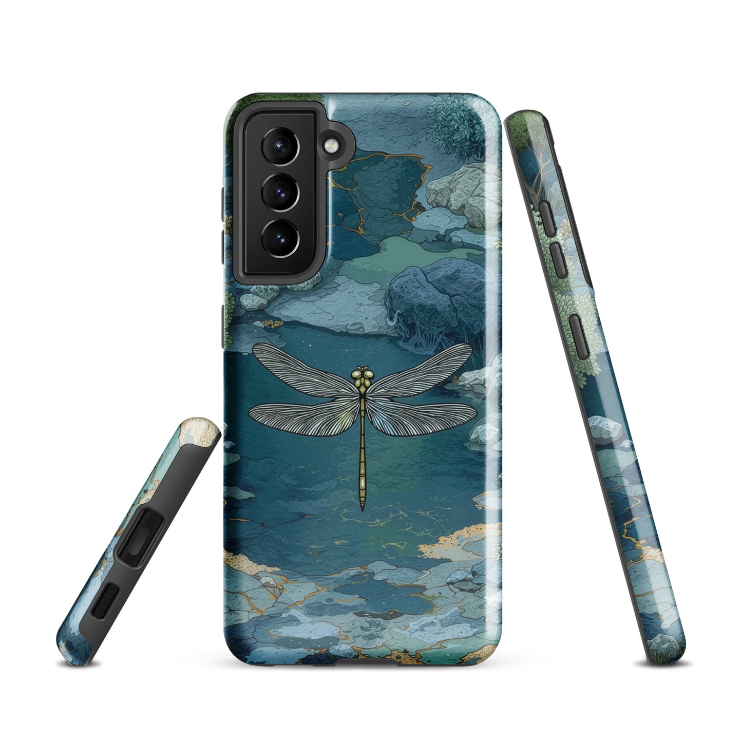 Nature-inspired phone case featuring a dragonfly over calm water with blue and green forest tones.