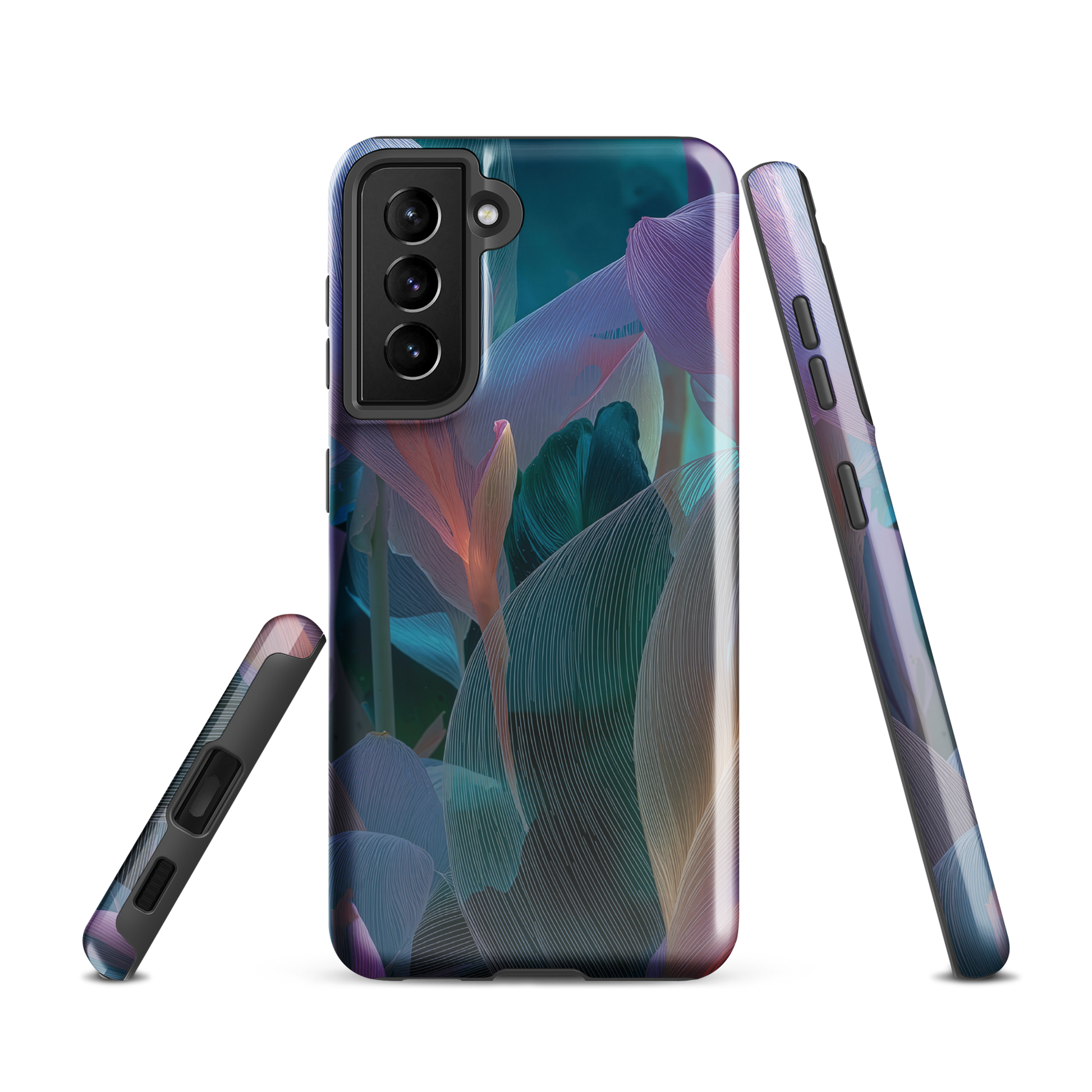 Ethereal abstract floral designer phone case in pastel pink, lilac and teal tones