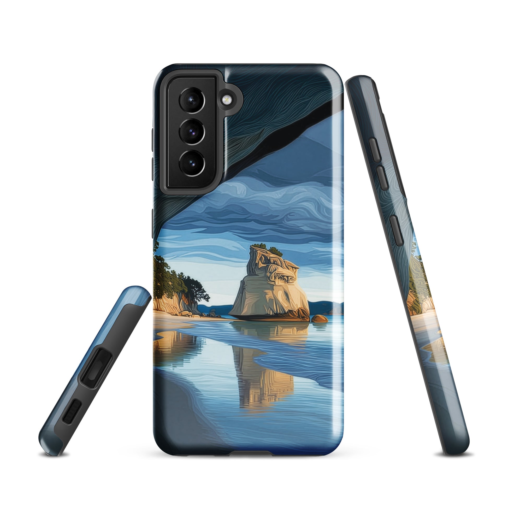 Artistic Cathedral Cove coastal designer phone case with arch rock, blue ocean and golden cliffs