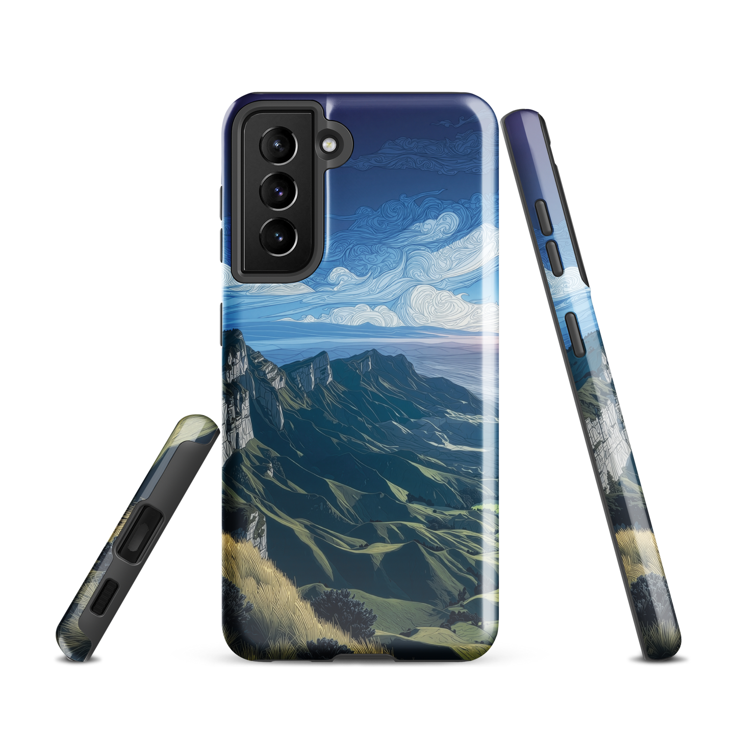 Te Mata Peak designer phone case with Hawke’s Bay cliffs, rolling green hills and dramatic swirling sky