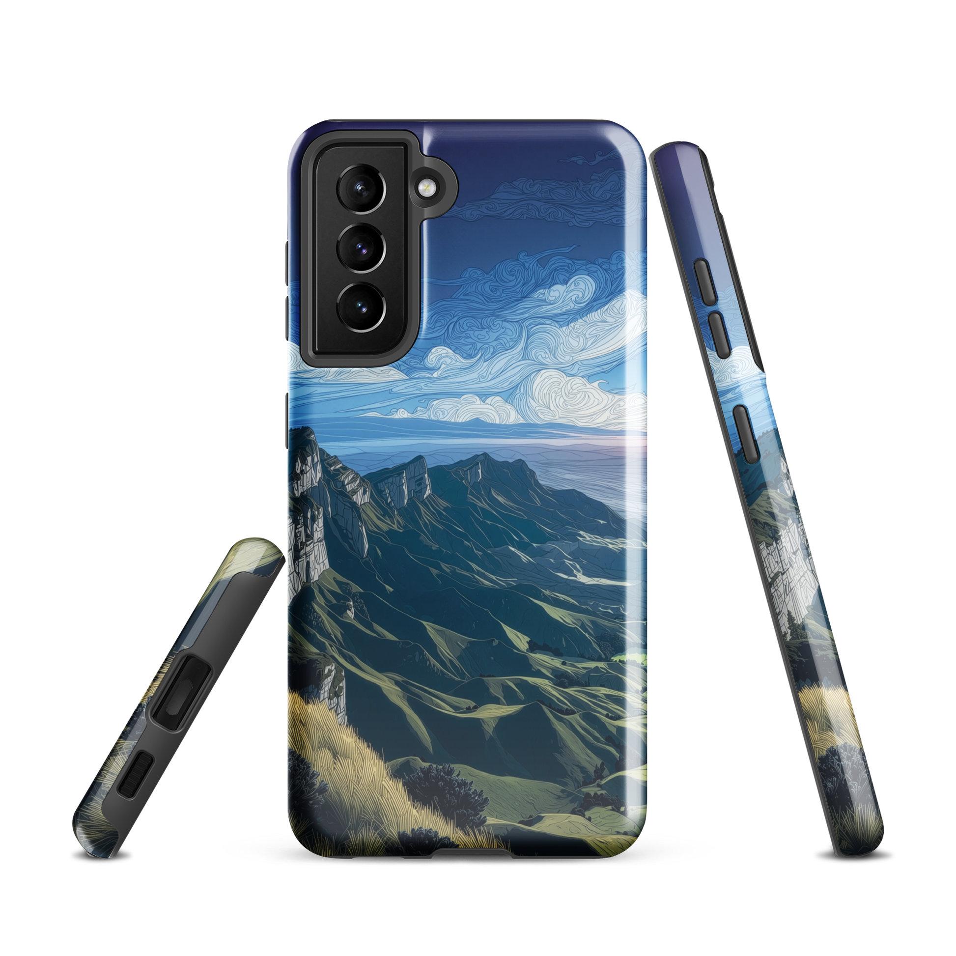Te Mata Peak designer phone case with Hawke’s Bay cliffs, rolling green hills and dramatic swirling sky