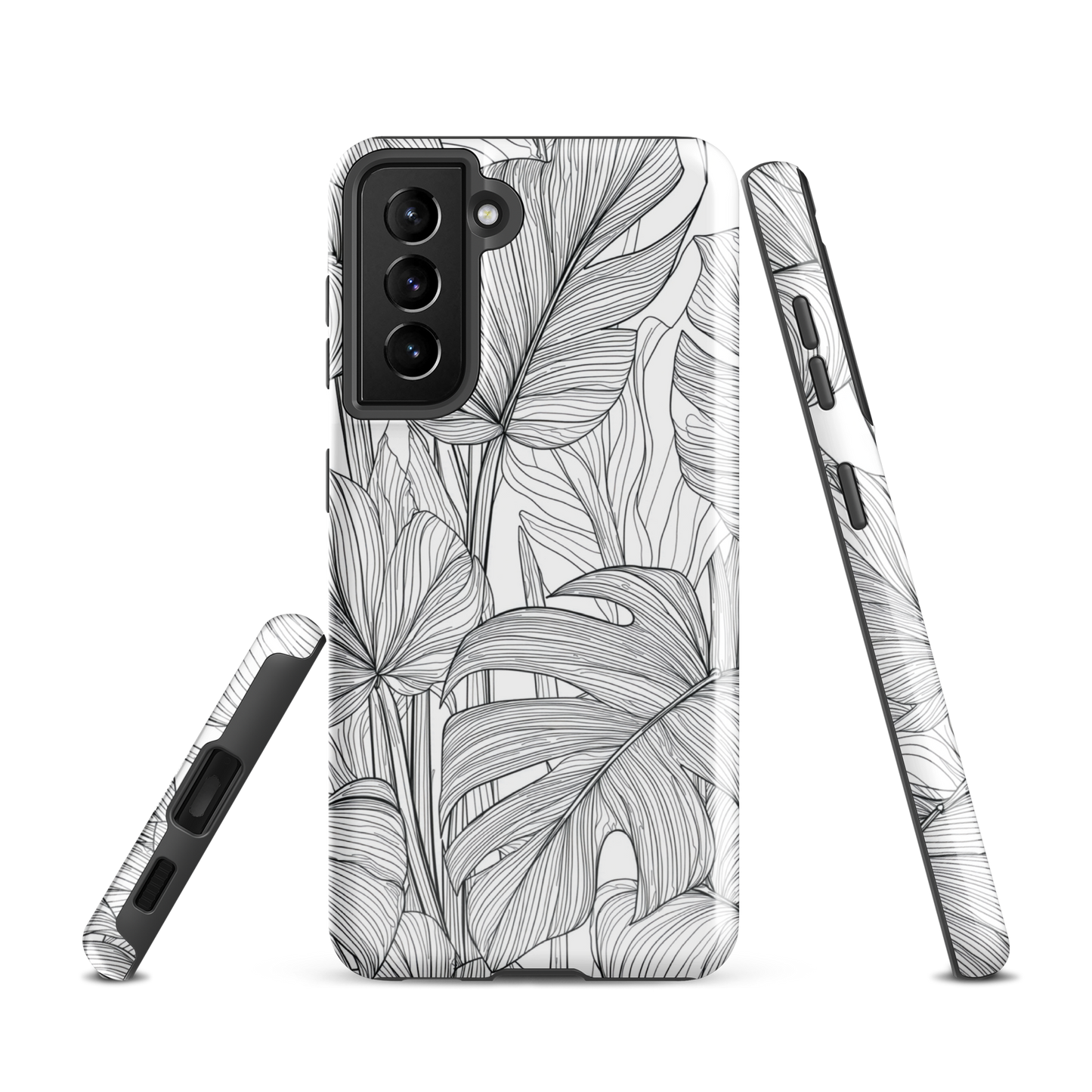Minimal black and white tropical leaf designer phone case with detailed botanical line art