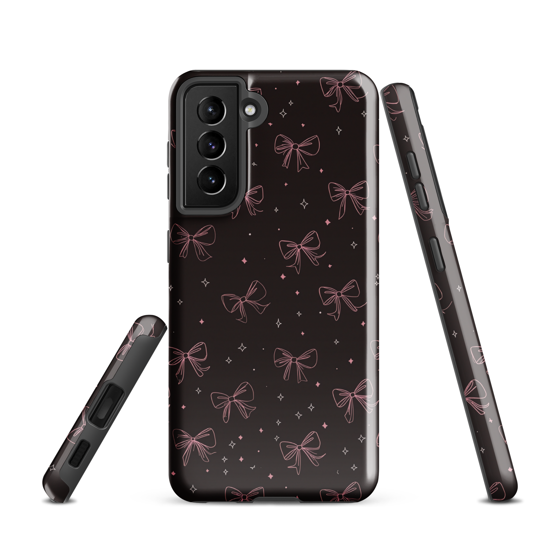 Midnight Bow seamless repeat pattern — pink hand-drawn ribbon bows and sparkle stars on a black background