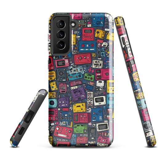 'Arcade' Samsung case, featuring a vibrant collage of hand-drawn controllers in bold, vintage-inspired colours. From electric blue and hot pink to classic black and yellow