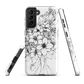 Black and white floral phone case with hand-drawn lilies and wildflowers