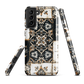 Moroccan tile pattern phone case in black, white, and gold tones with vintage-inspired design.