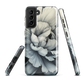 Black and white floral phone case featuring a soft, moody peony design by New Zealand artist Ben Hart.