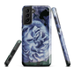Designer phone case with a bold blue rose artwork and glossy finish.