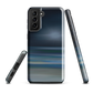 Dark abstract phone case with blue and grey streaks and glossy finish.