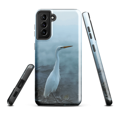 'White Heron in the mist' Samsung Galaxy S21 Plus tough phone case - protective glossy case NZ Australia
