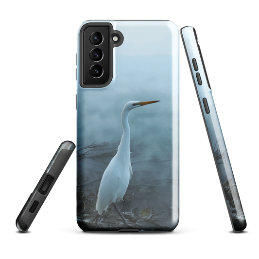 'White Heron in the mist' Samsung Galaxy S21 Plus tough phone case - protective glossy case NZ Australia