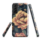 Phone case with vintage-style pink roses and bees on dark background, floral New Zealand artwork.
