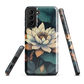 Phone case with ivory water lily, green leaves, and butterfly accents on dark background