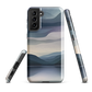 Phone case with moody blue and purple layered mountain and lake landscape artwork