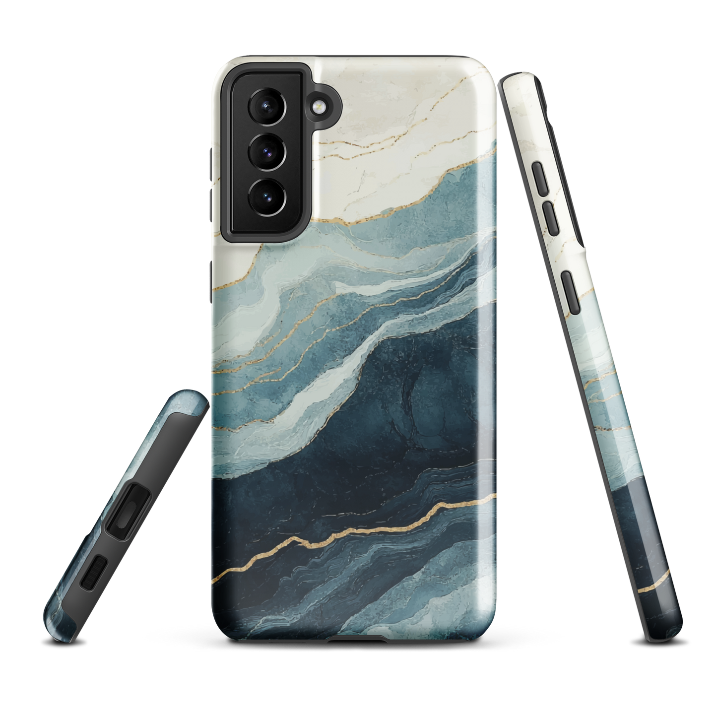 An elegant abstract phone case inspired by layered coastal forms in blue and teal tones.