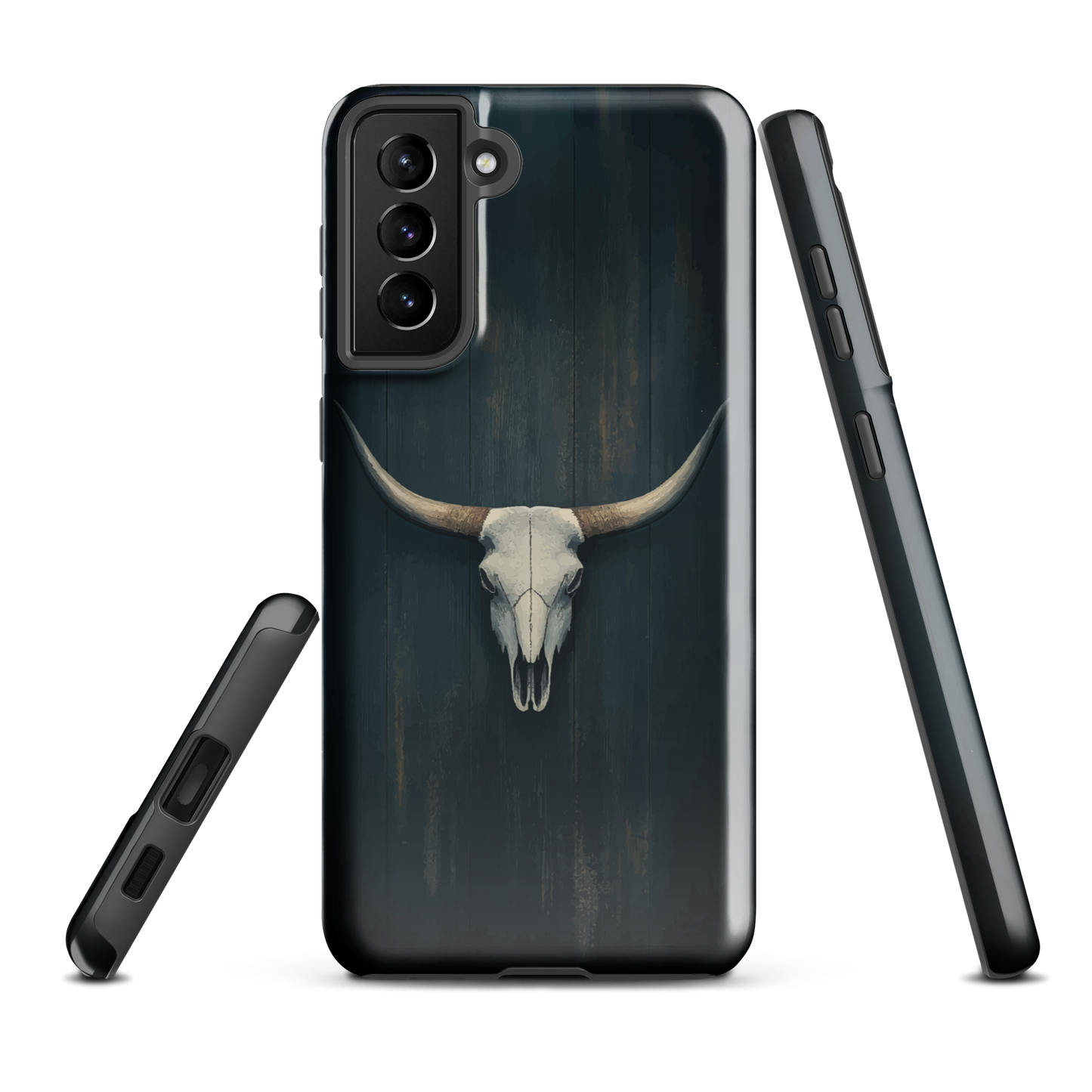 Longhorn skull set against a dark, textured backdrop - protective phone case.