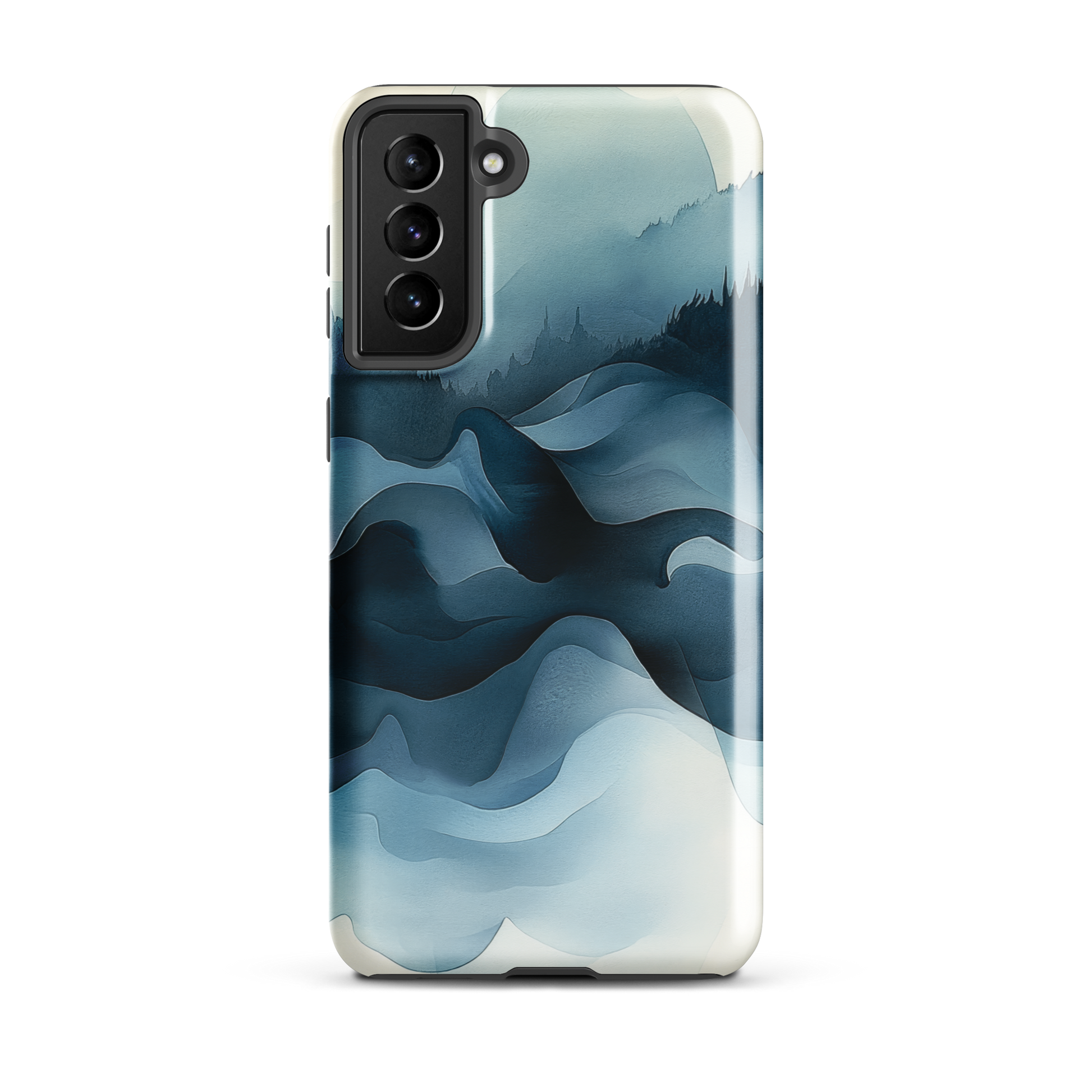A calming abstract landscape phone case inspired by quiet valleys and soft blue tones.