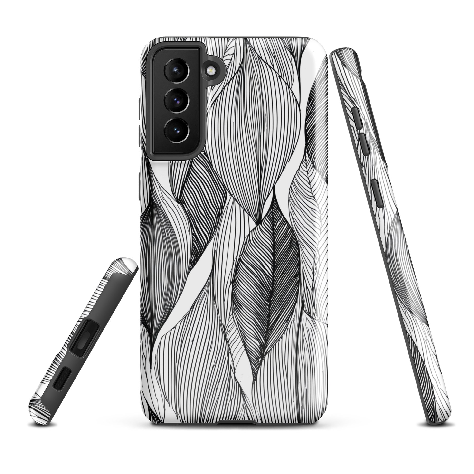 A minimalist phone case featuring fine black botanical linework in a repeating leaf pattern.