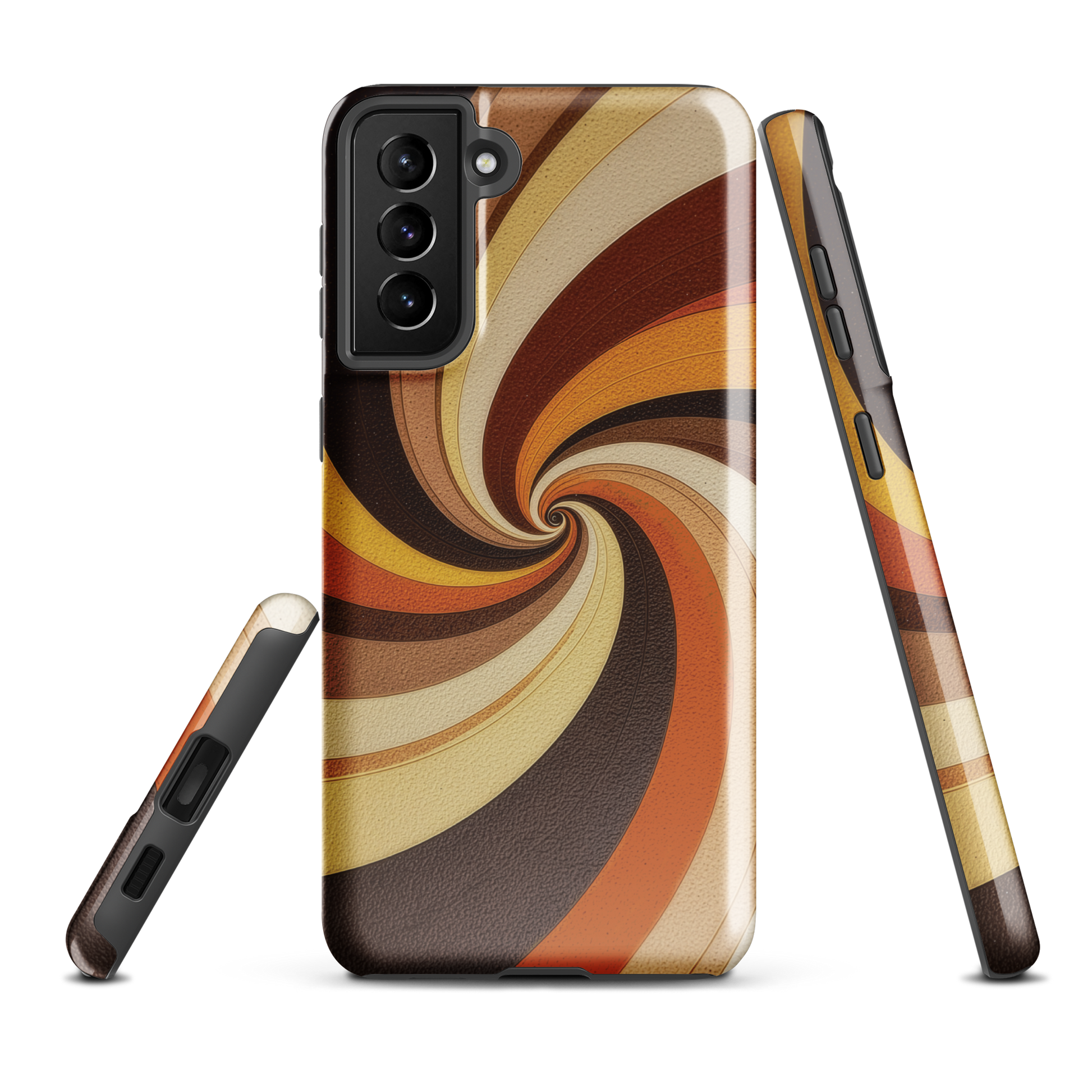 A retro-inspired phone case featuring warm swirling patterns in orange, yellow, and brown tones.