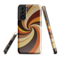 A retro-inspired phone case featuring warm swirling patterns in orange, yellow, and brown tones.