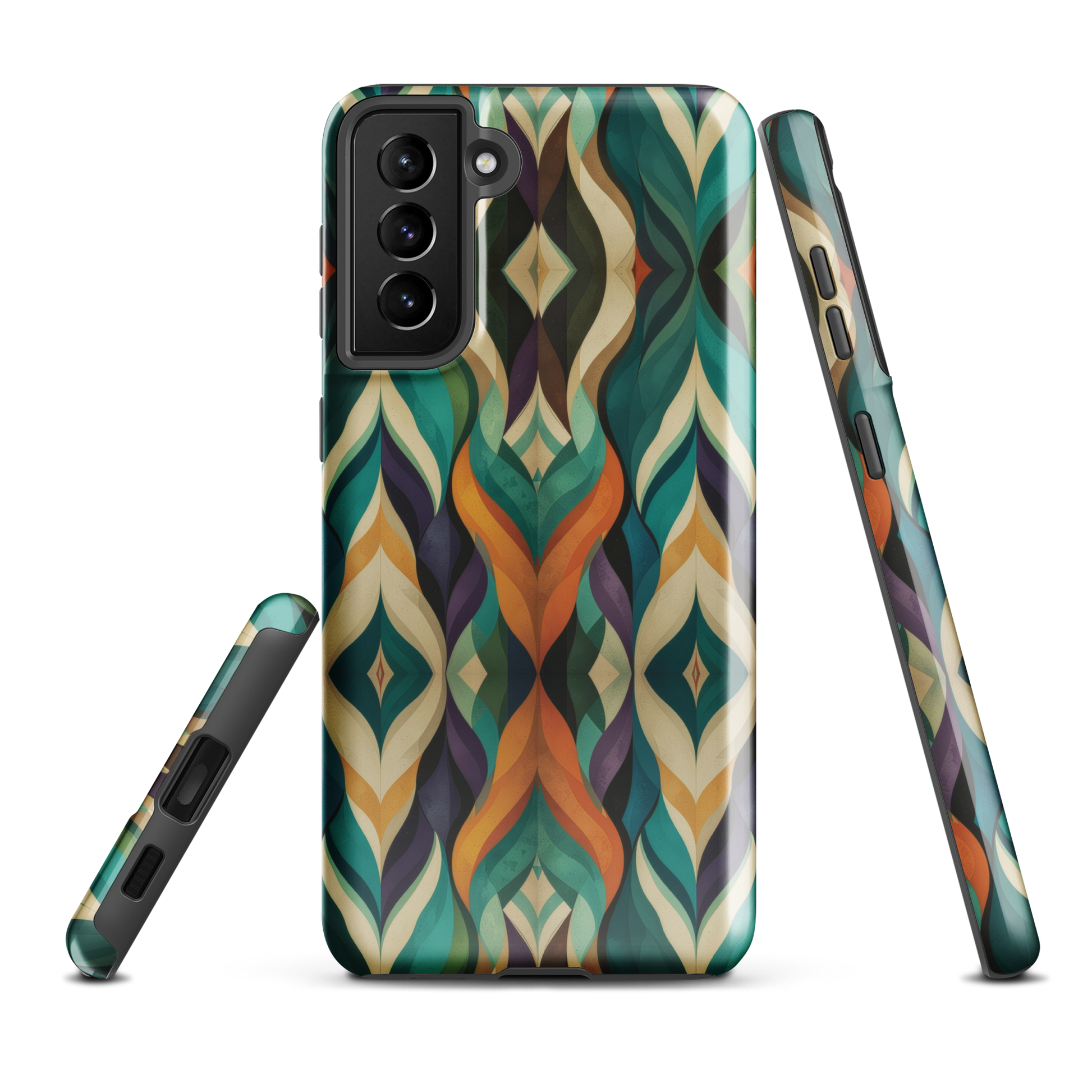 A bold geometric phone case featuring layered shapes in rich, earthy tones.