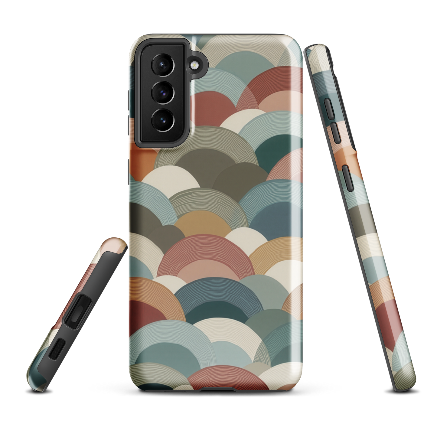 A soft retro-inspired phone case featuring layered arc shapes in warm, earthy tones.