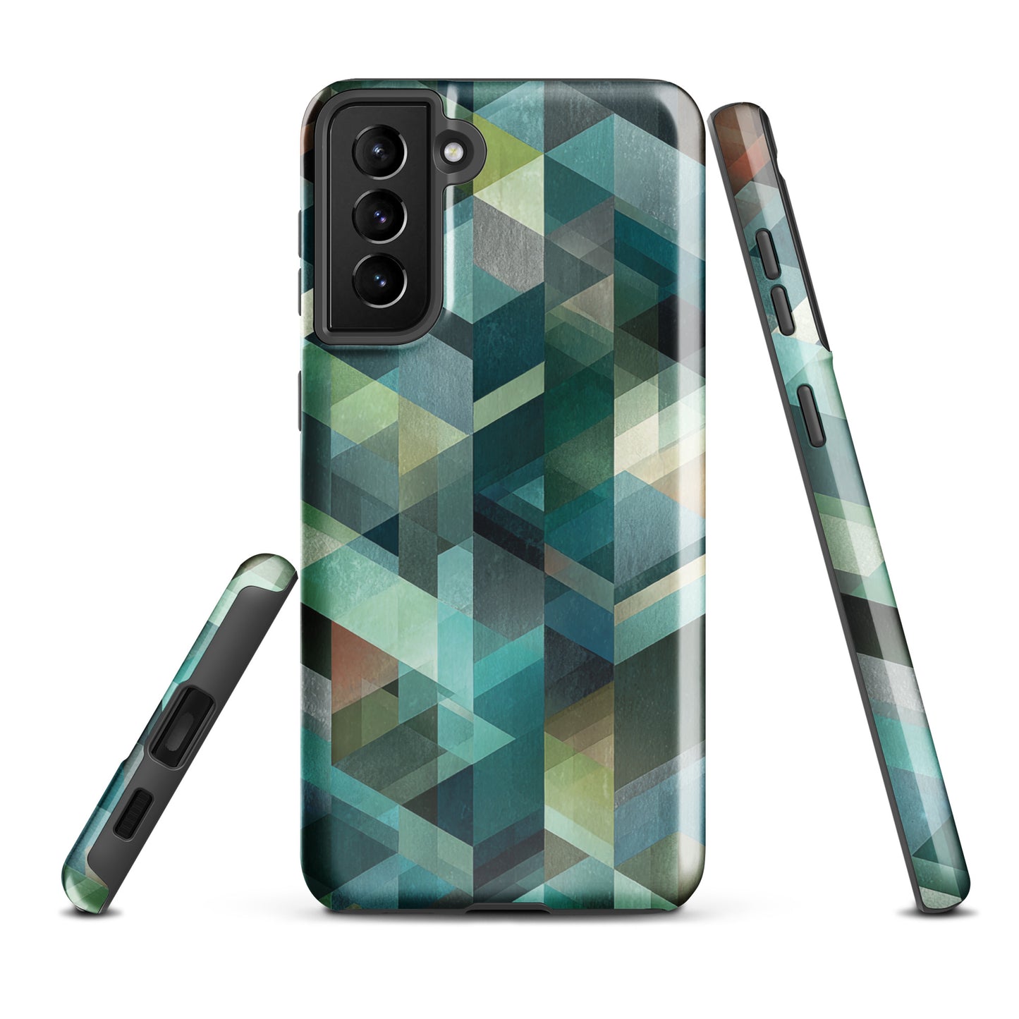 Modern abstract geometric phone case in teal and blue tones with layered retro-inspired shapes.