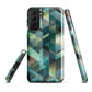 Modern abstract geometric phone case in teal and blue tones with layered retro-inspired shapes.