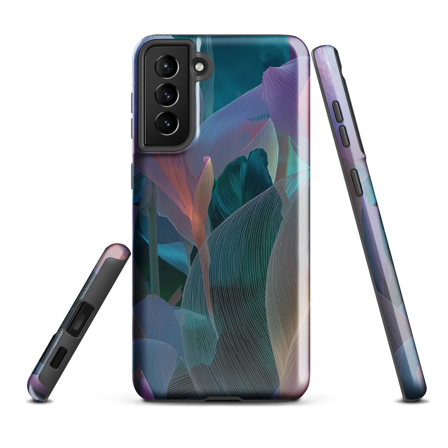 Ethereal abstract floral designer phone case in pastel pink, lilac and teal tones