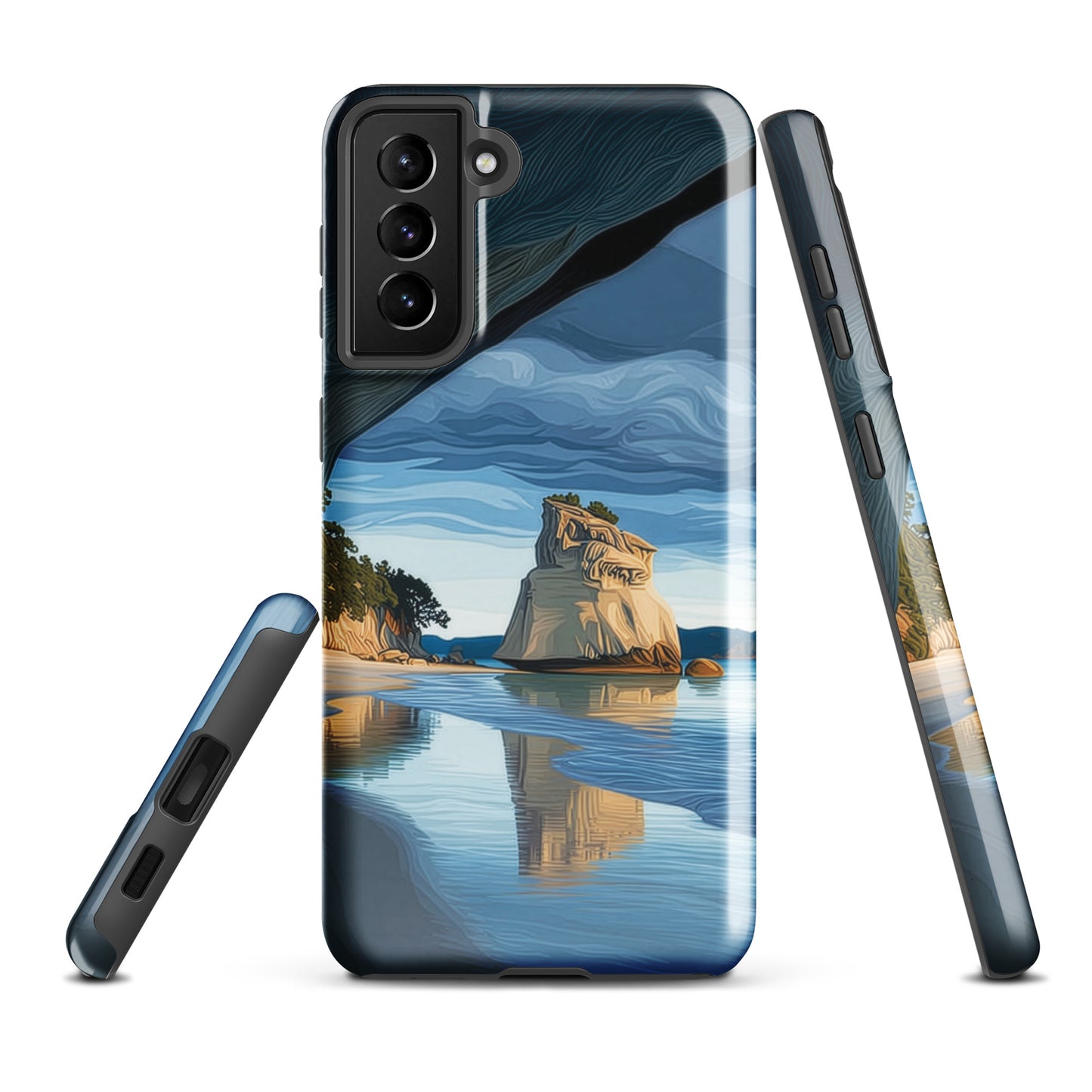 Artistic Cathedral Cove coastal designer phone case with arch rock, blue ocean and golden cliffs